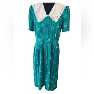 Karin Stevens ladies petite 1980s VTG teal floral dress SZ 10 white lace collar
